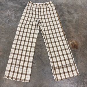 Princess Polly Euros Pants Cream yellow checkered cropped wide leg Womens 4
